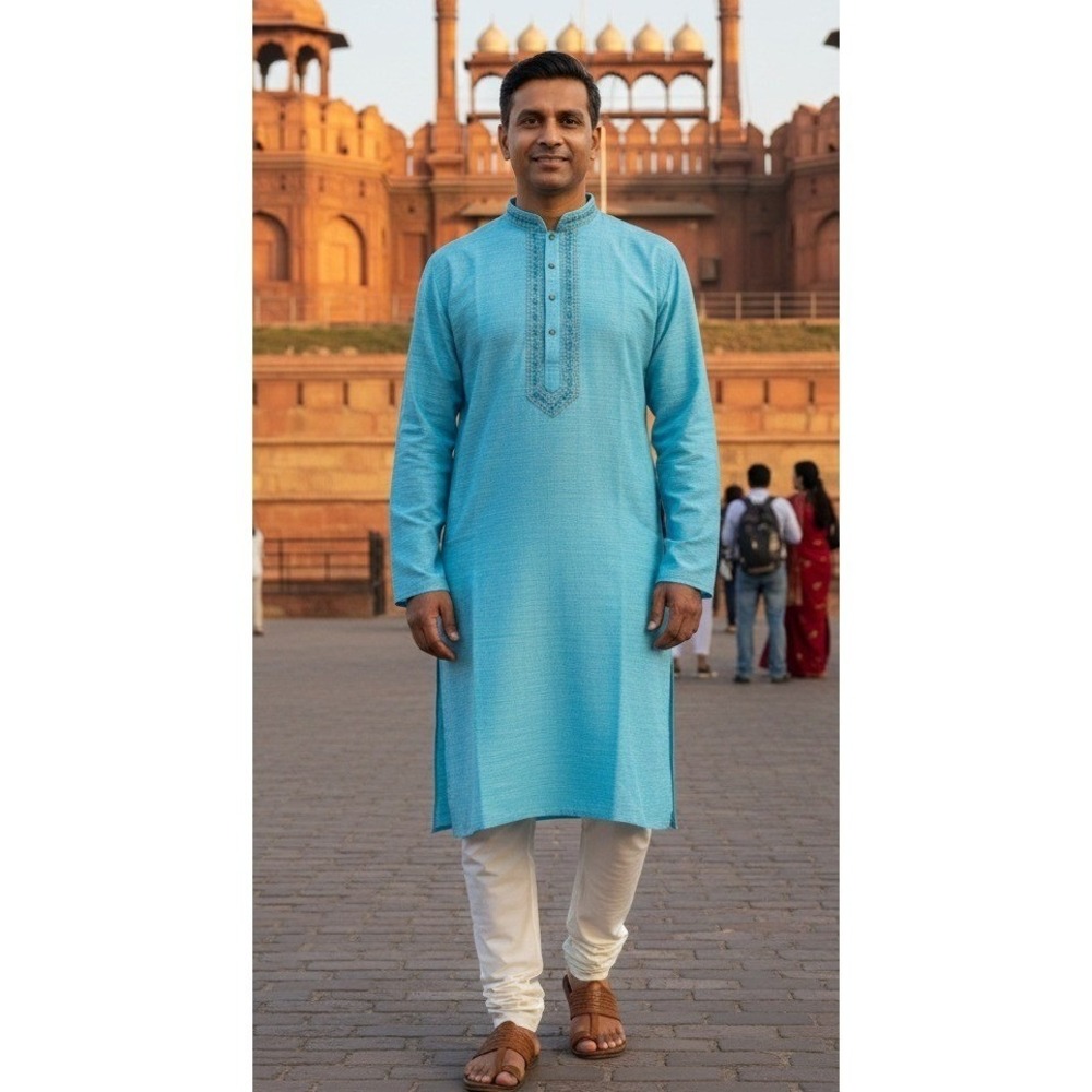 IMPROVE Premium Punjabi Kurta Men's Blue Traditional Wear‎ Embroidered Size 40
